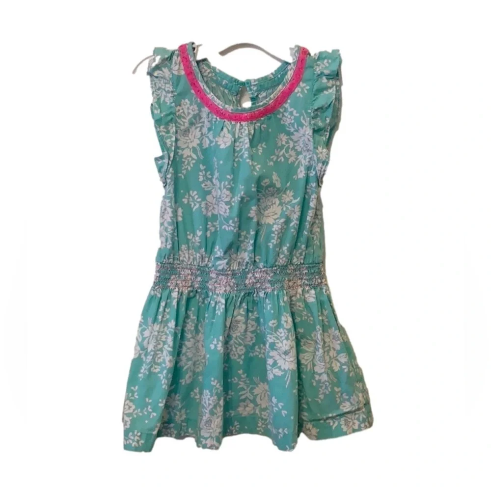 Girls Green Floral Dress 4T Pink Trim Lightweight Cotton Casual Toddler Dress
